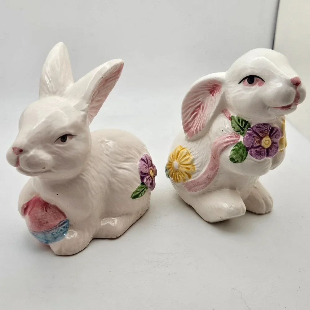 Vintage Ceramic Easter Bunny Rabbit Figurine Set White Floral Decor Pair